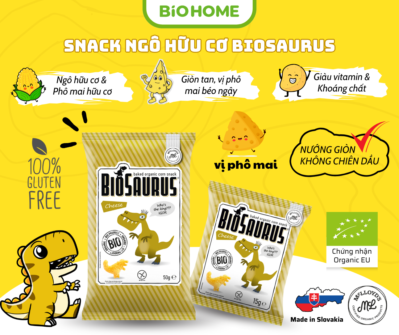 Snack ngô hữu cơ vị phô mai Biosaurus